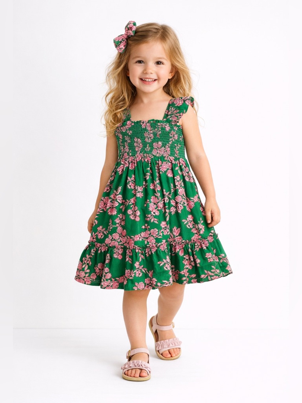 NWT J Crew factory ruffle sleeve tiered dress Girls Green Floral Smocked 3T